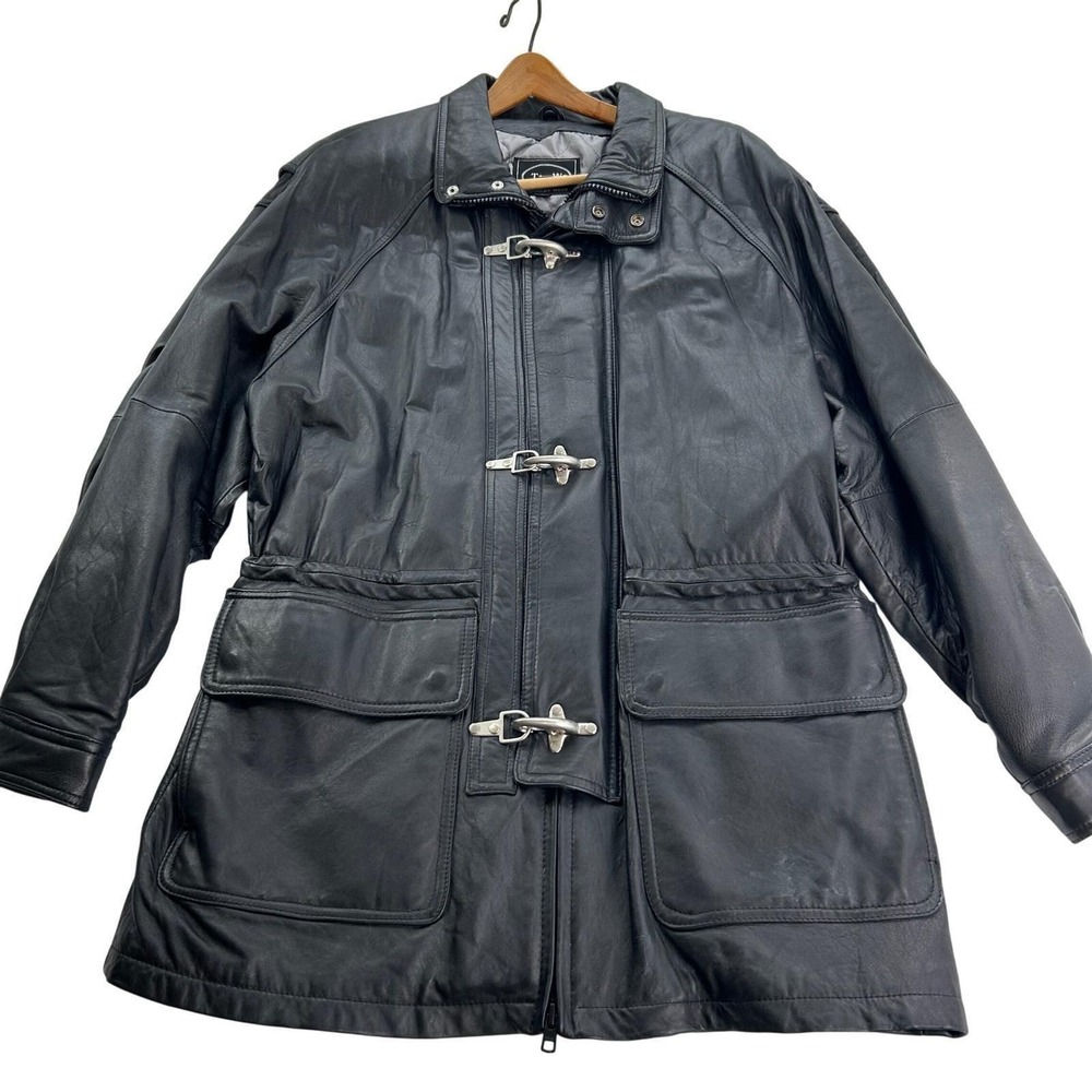 Mens Vintage Leather Toggle Parka Jacket L Black Heavy Duty Tannery West